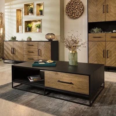 Quatropi Modern Industrial Solid Wood Living Room Coffee Table Black 140x90cm