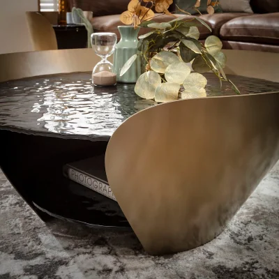 Quatropi Round Black Glass Coffee Table with Gold Frame Modern Black and Gold Design 100cm