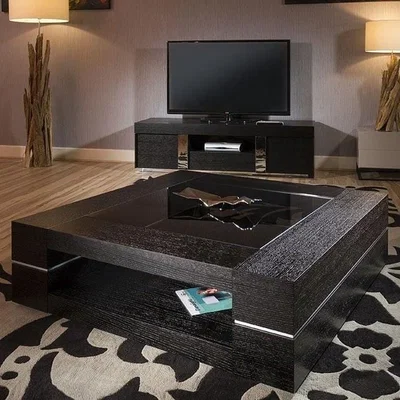 Quatropi Billie Large Square Coffee Table Black Oak Effect & Glass 120cm