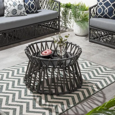 Quatropi Outdoor Round Patio Garden Coffee Table Grey Aluminium Glass 70cm