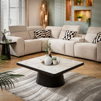 Quatropi Large Modern Ceramic Marble Coffee Table Grey Black Oak 101cm x 92cm
