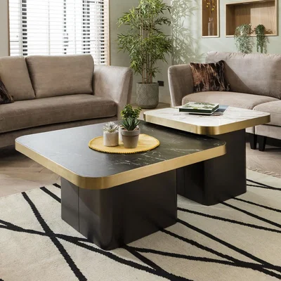 Quatropi Premium Set of 2 Ceramic Marble Top Large Coffee Tables White & Black Square