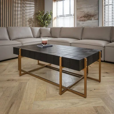 Quatropi Large Rectangular Wooden Coffee Table Black Oak & Gold 138x78cm
