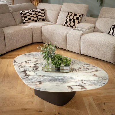 Quatropi Luxury Rounded Ceramic Marble Coffee Table White Grey 140cm x 90cm