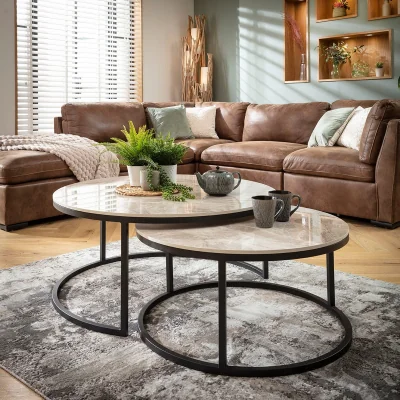 Quatropi Modern Large Round Nest of Coffee Tables Grey Ceramic Marble 100cm & 80cm