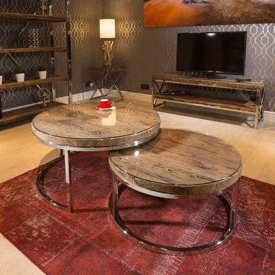 Quatropi Stunning Round Pair of Coffee Tables Reclaimed Hardwood 92 + 76c Glass