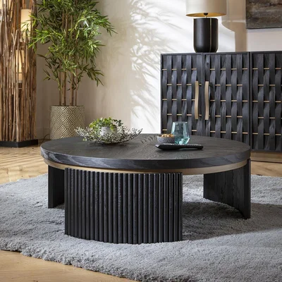 Quatropi Large Modern Round Coffee Table Luxury Black Oak Wood Brass Metal 100cm