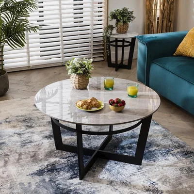 Quatropi Industrial Round Grey Coffee Table Ceramic Marble Effect Living Room 90cm