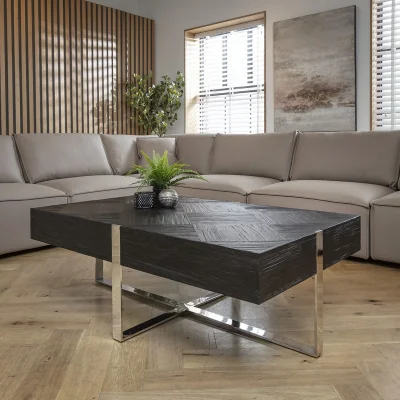 Quatropi Large Rectangular Wooden Coffee Table Black Relcaimed Wood & Silver 130x80cm