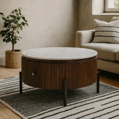 The Range Alabama Fluted Mango Wood Coffee Table with Marble Top - Brown