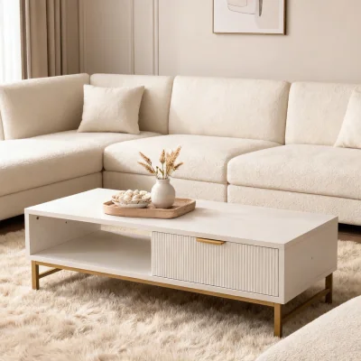 The Range Modern Coffee Table with Drawer and Open Shelf - White
