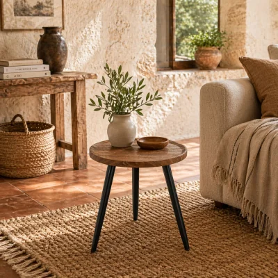 The Range Balare Chestnut Wood-Effect Round Coffee Table with Black Steel Frame