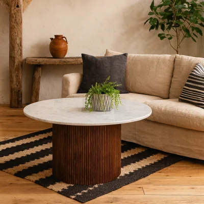The Range Alabama Round Coffee Table Ribbed Mango Wood Base Marble Top - Brown