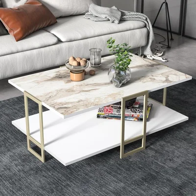 The Range Polkana 90cm Wide Coffee Table - Ephesus Marble Effect and Gold - Marble and Gold