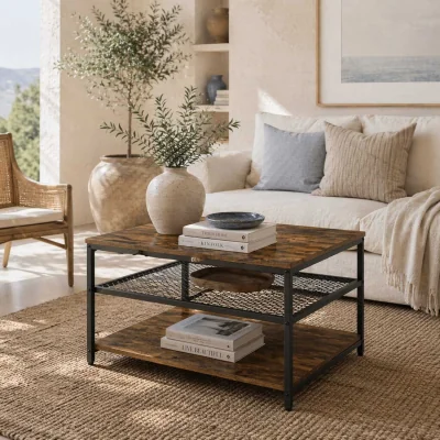 The Range Nafata Square Coffee Table - Rustic Brown, 3-Tier Shelves