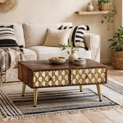 The Range Beijing Mango Wood Coffee Table 2 Drawers Gold Geometric Pattern Hairpin Legs - Brown