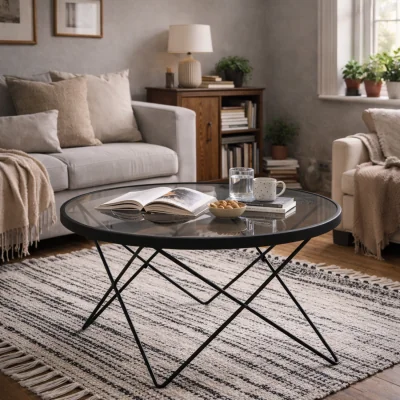 The Range Klovborg Round Coffee Table - Black Wire Base, Grey Smoked Tempered Glass Top - Grey