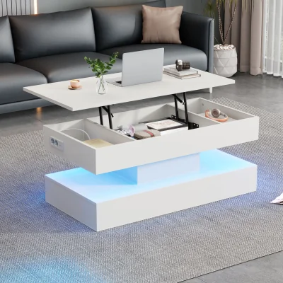 The Range Modern Coffee Table with LED Lighting, Hidden Storage and Hydraulic Lift - White