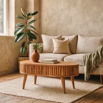 The Range Annecy Stripe Mango Wood Oval Coffee Table 2 Drawers like Matt Finish - Brown