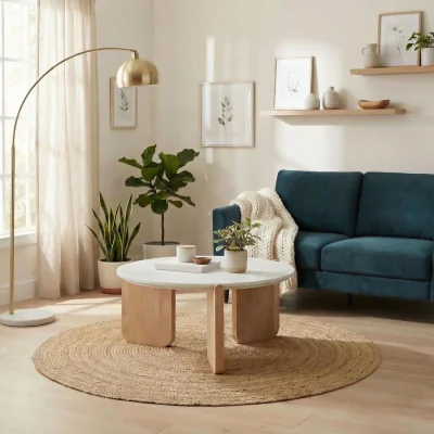 The Range Solia Round White Oak Wood & White Marble Coffee Table - White Oak