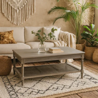 The Range Laurelbrook Rectangular Coffee Table with Rattan Shelf Soft Wash - Grey