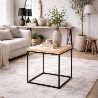 The Range Hazelmere Travertine-Effect Compact Square Coffee Table with Black Metal Legs - Natural