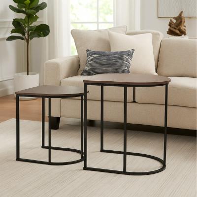 The Range Nest of 2 Metal Wooden Woodgrain Side Coffee Tables Set - Black Brown