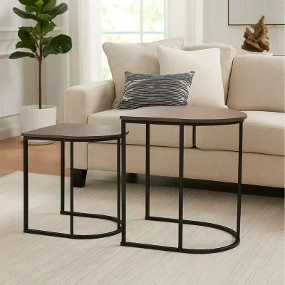 The Range Nest of 2 Metal Wooden Woodgrain Side Coffee Tables Set - Black Brown