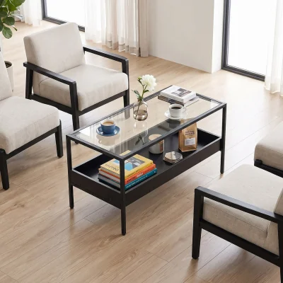 The Range Costway 2 Tier Accent Glass Coffee Table with Storage Shelf Black