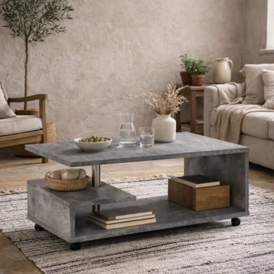 The Range Wyld Haus Salford Grey Concrete-Effect Coffee Table - Matt Wood Top, Open Shelves, Lockable Wheels - Grey