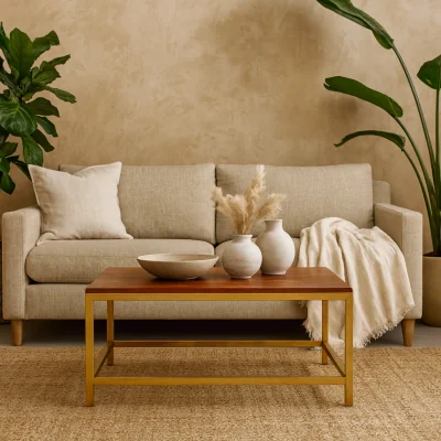 The Range Maratea Rectangular Mango Wood Coffee Table Chestnut Gloss Top Brass Gold Metal Base - Brown