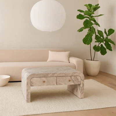 The Range Eguisheim Coffee Table Marble Effect Top Mango Wood 2 Drawers Gloss - Brown