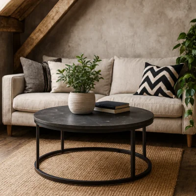 The Range Odense Round Coffee Table Marble Effect Laminate Top Matt Steel Base - Black