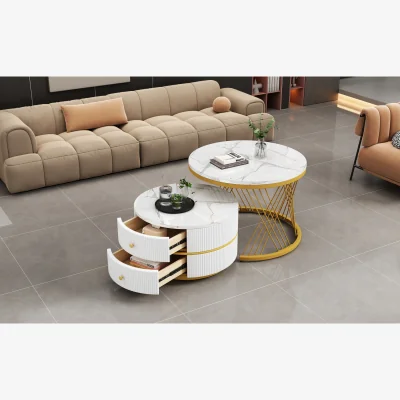 The Range High Gloss Round Nesting Coffee Tables with Marble Top, Storage Drawers & Black Frames - Gold+White