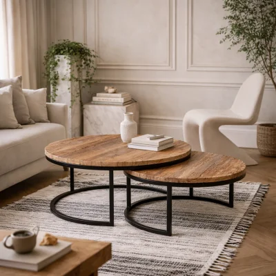 The Range Yllas Set of 2 Nesting Round Coffee Tables Reclaimed Railway Sleepers - Brown