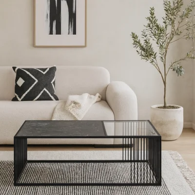 The Range Porto Rectangular Coffee Table Stone Effect and Glass Top Matt - Black