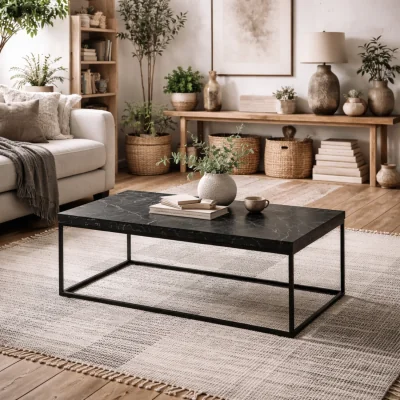 The Range Hazelmere Rectangular Coffee Table Marble Effect Gloss Top Powder Coated Metal Legs - Black