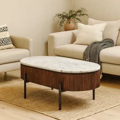 The Range Alabama Ribbed Mango Wood Coffee Table with Marble Top and Metal Legs - Brown