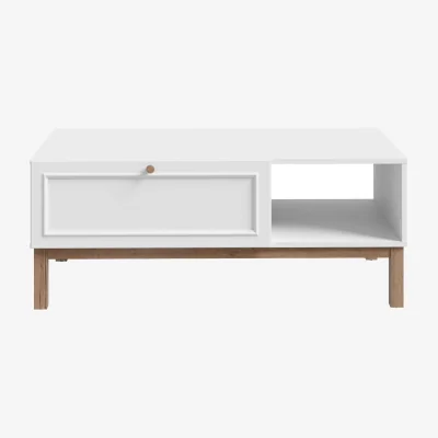 The Range Pebblewick White Coffee Table - 1 Drawer, Oak Legs, Matt Finish - Grey