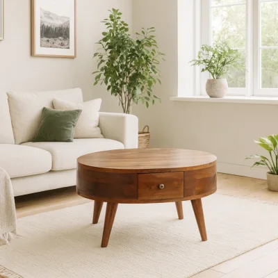 The Range Olbia Mini Oval Mango Wood Coffee Table Chestnut Matt 2 Drawers - Brown