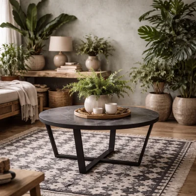 The Range Stovring Round Coffee Table Marble Effect Resin Top Hairpin Legs - Black