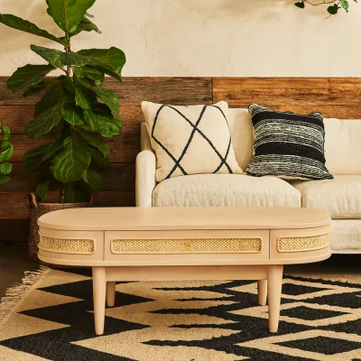 The Range Chicago Oval Coffee Table Natural Mango Wood with Cane Rattan 1 Drawer Matt Finish - Brown