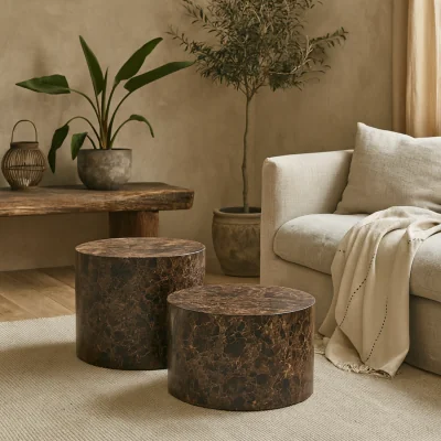 The Range Lille 2 Piece Marble Effect Round Coffee Tables Wood Tabletops - Brown