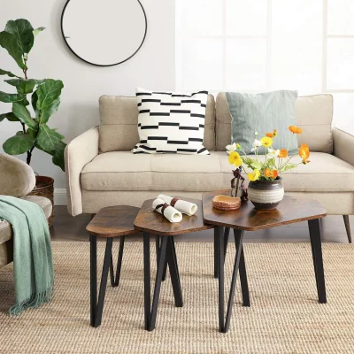 The Range Set of 3 Industrial Nesting Coffee Tables, Stacking Side Table Set for Living Room - Rustic Brown and Black