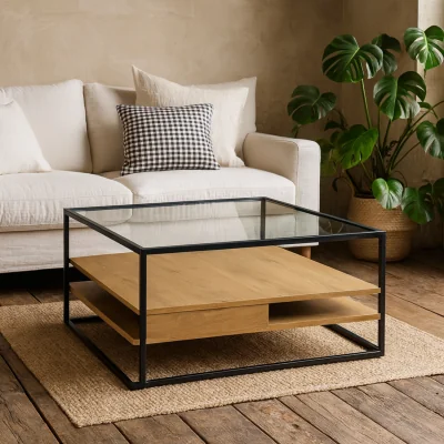 The Range Wrenna Square Coffee Table Powder Coated Frame Tempered Glass Top Effect Shelves - Black