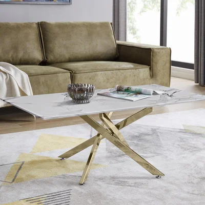 The Range Leonardo Coffee Table Glass Marble Effect Top Gold Legs - White