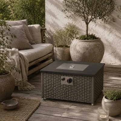 The Range Lenaro Rattan Grey Square Gas Fire Pit Coffee Table 13 kW With Lid 58 x 58 x 33 cm