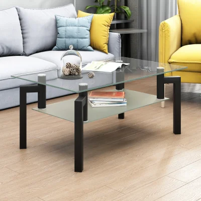 The Range Tempered Glass Coffee Table, Modern Side Tables with Shelf - Black