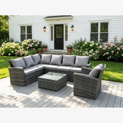 The Range 7 Seater High Back Rattan Corner Sofa Set Coffee Table