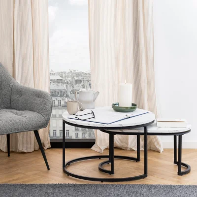The Range Spiro Coffee Table Set with White Marble Melamine Top & Black Legs - White